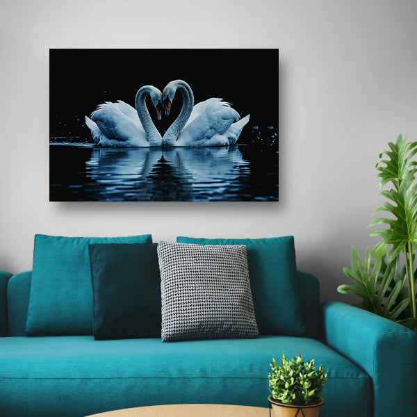 Twee zwanen in hartvorm op water canvas