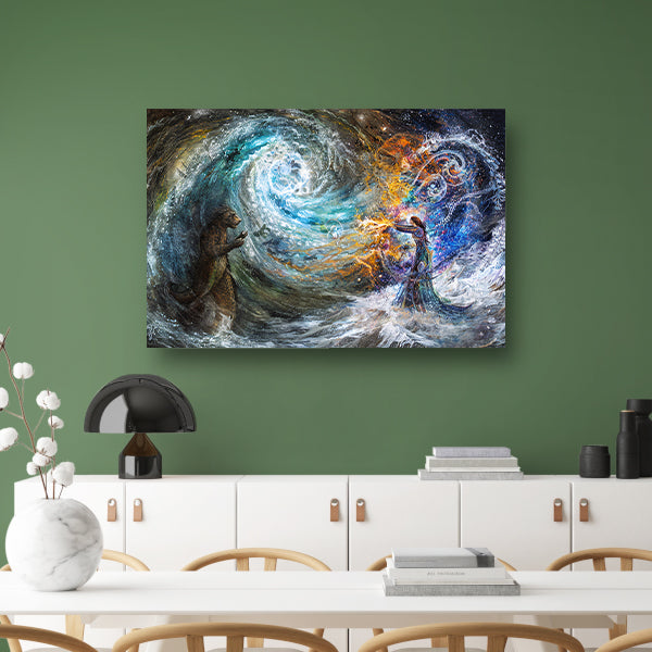 Vrouw met beer in droomlandschap acrylglas