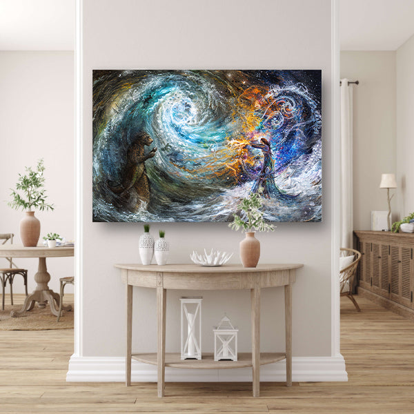 Vrouw met beer in droomlandschap acrylglas