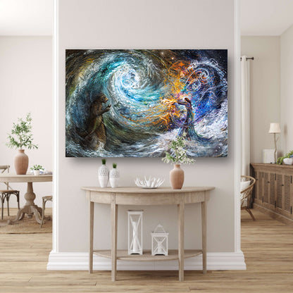 Vrouw met beer in droomlandschap acrylglas