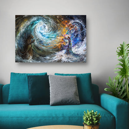 Vrouw met beer in droomlandschap acrylglas