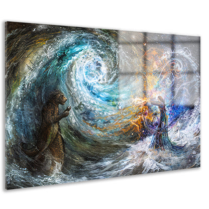 Vrouw met beer in droomlandschap acrylglas