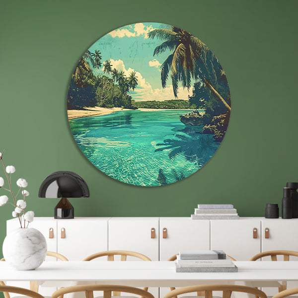 Tropisch strand met palmbomen en helder water aluminium muurcirkel