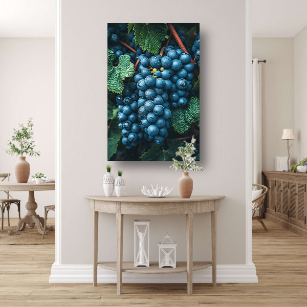 Close-up van Dauwdruppels op Druiven canvas met baklijst