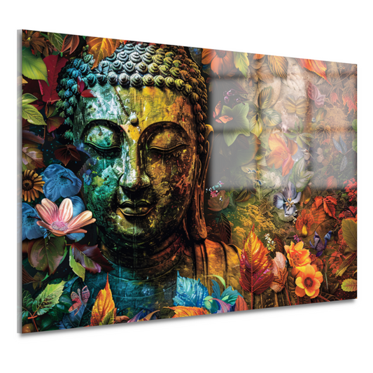 Boeddha omringd door herfstbladeren acrylglas