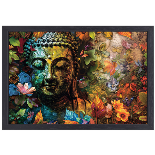 Boeddha omringd door herfstbladeren canvas met baklijst