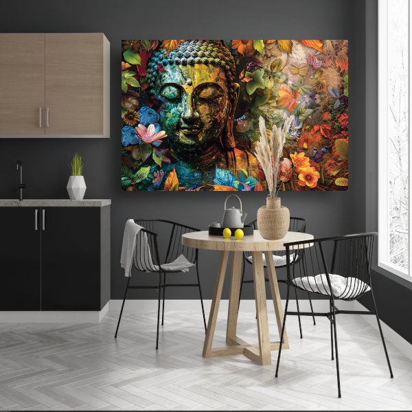 Boeddha omringd door herfstbladeren canvas