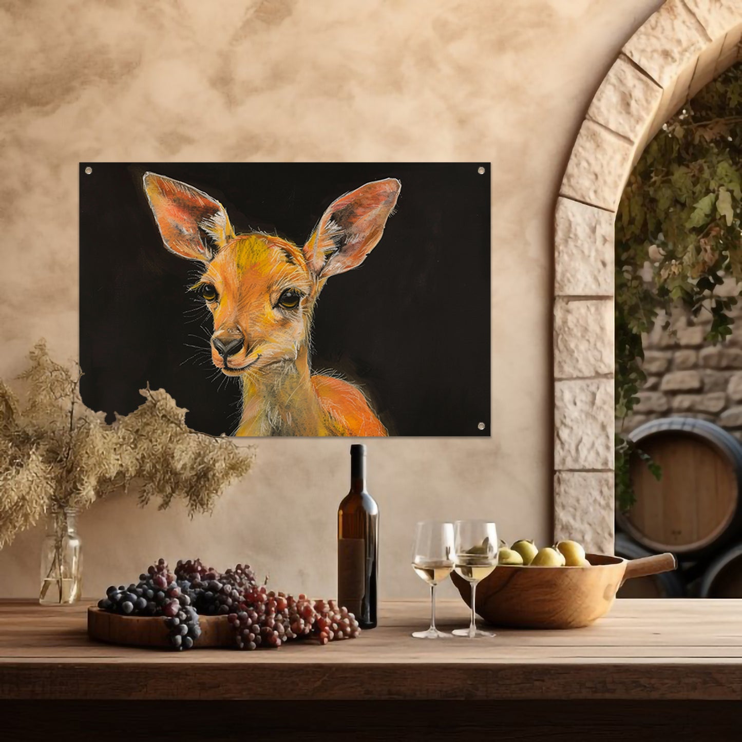 Expressief portret van jong hert in oranje tuinposter
