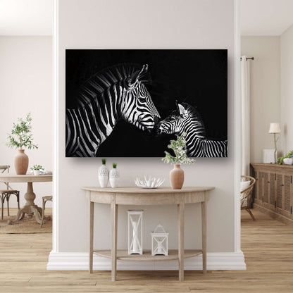 Zebra en jong in zwart-wit foto poster