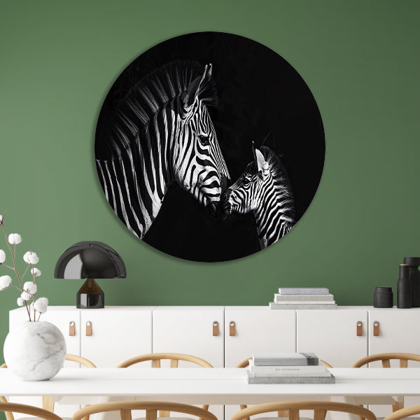 Zebra en jong in zwart-wit foto forex muurcirkel