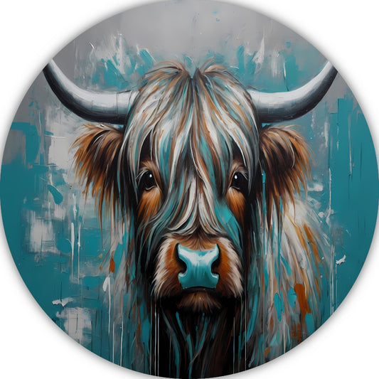 Abstracte Turquoise Schotse Hooglander in Olieverf aluminium muurcirkel