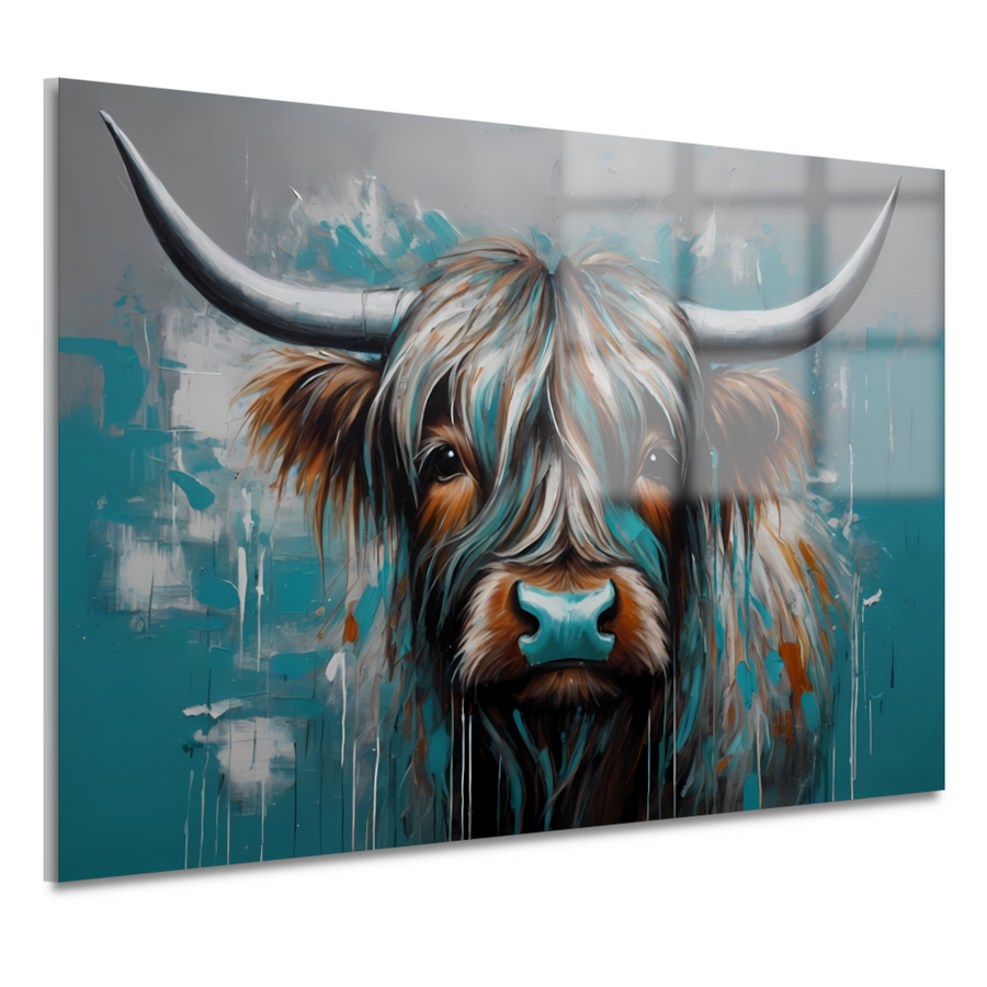 Abstracte Turquoise Schotse Hooglander in Olieverf acrylglas