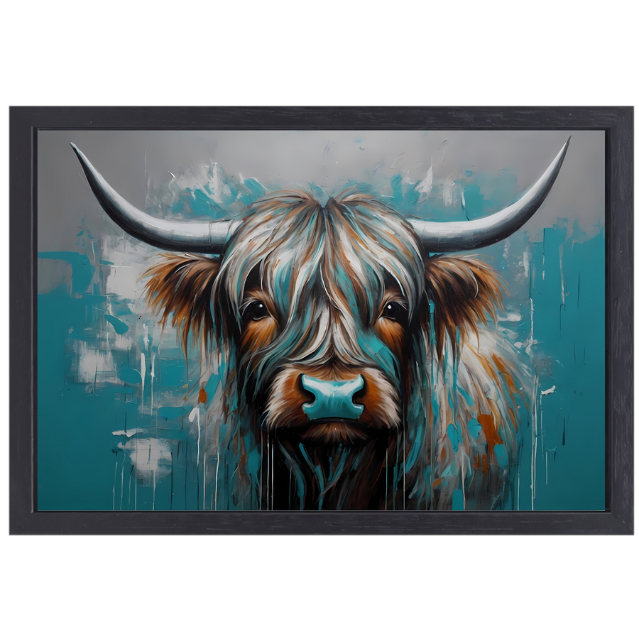 Abstracte Turquoise Schotse Hooglander in Olieverf canvas met baklijst