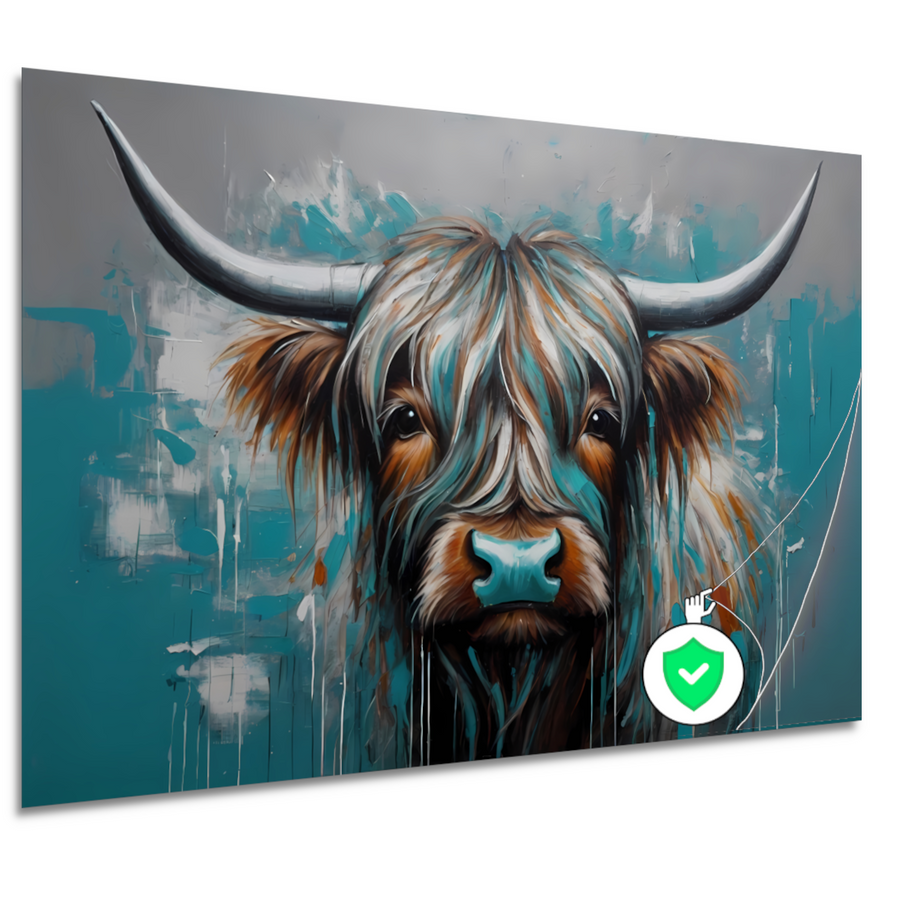 Abstracte Turquoise Schotse Hooglander in Olieverf poster