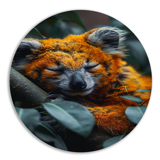 Oranje koala slaapt vredig in boom aluminium muurcirkel