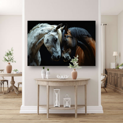 Twee paarden in een donkere omgeving poster