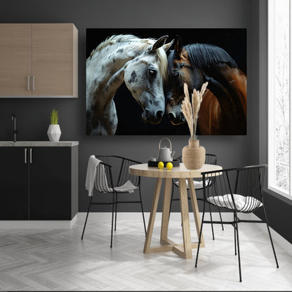 Twee paarden in een donkere omgeving canvas met baklijst