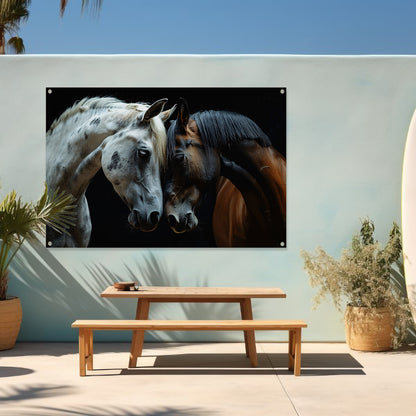 Twee paarden in een donkere omgeving tuinposter