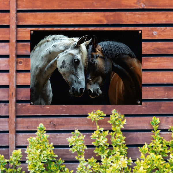 Twee paarden in een donkere omgeving tuinposter