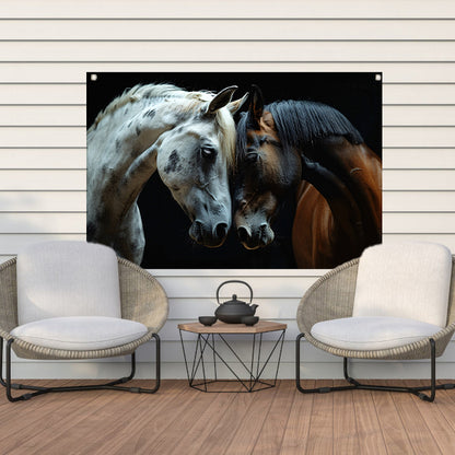Twee paarden in een donkere omgeving tuinposter