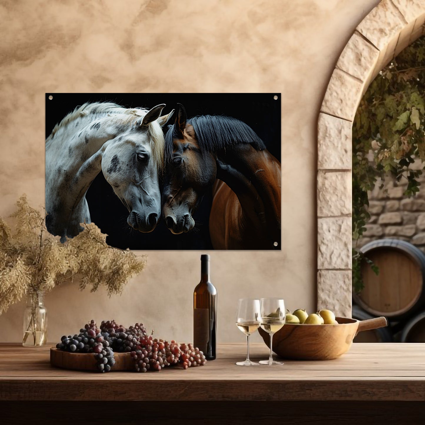 Twee paarden in een donkere omgeving tuinposter