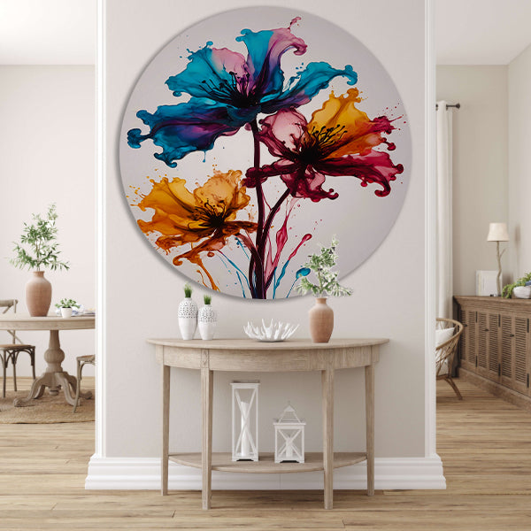 Kleurrijke Abstracte Vloeibare Bloemenexplosie aluminium muurcirkel