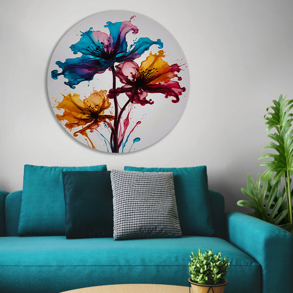 Kleurrijke Abstracte Vloeibare Bloemenexplosie aluminium muurcirkel