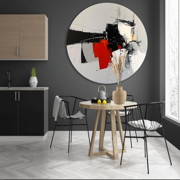 Abstracte skyline met dynamische vormen en kleuren aluminium muurcirkel
