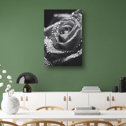 Zwart-witte roos met waterdruppels in close-up poster