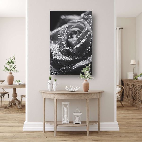 Zwart-witte roos met waterdruppels in close-up poster