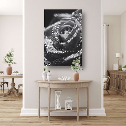 Zwart-witte roos met waterdruppels in close-up poster