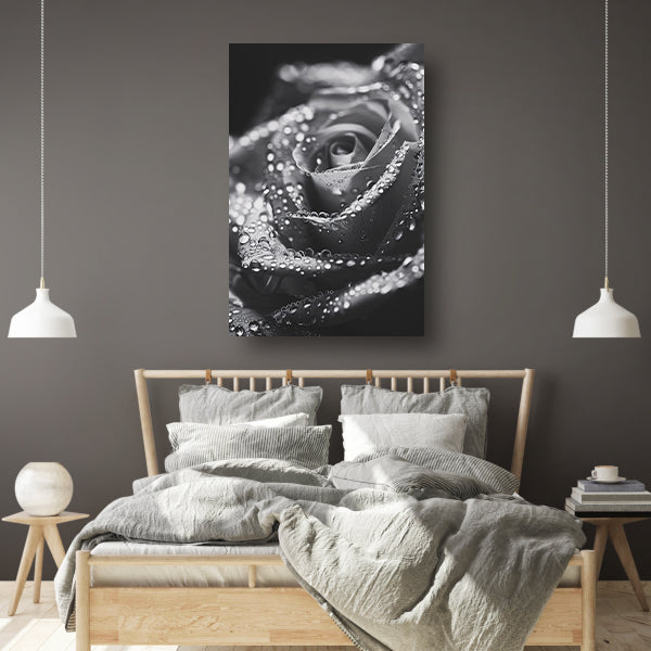 Zwart-witte roos met waterdruppels in close-up poster