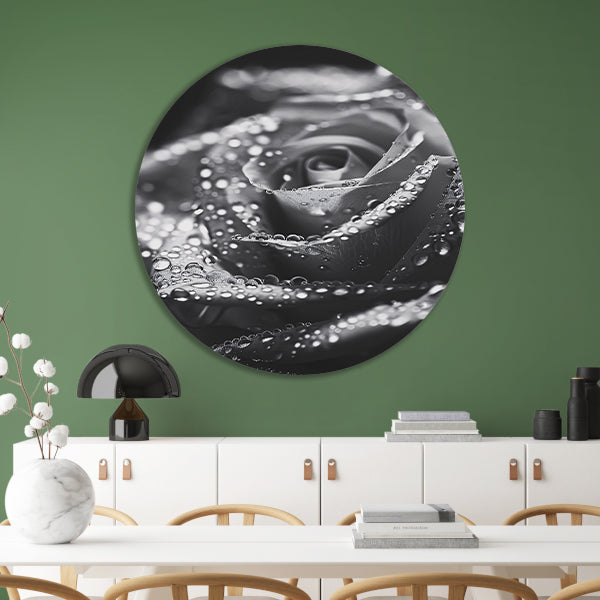 Zwart-witte roos met waterdruppels in close-up aluminium muurcirkel