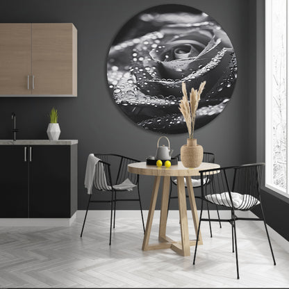 Zwart-witte roos met waterdruppels in close-up aluminium muurcirkel