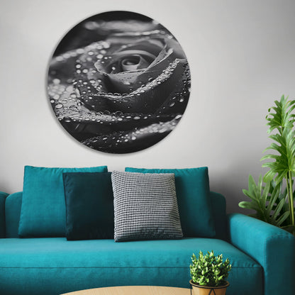 Zwart-witte roos met waterdruppels in close-up aluminium muurcirkel