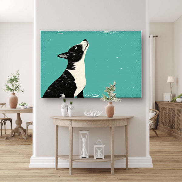 Minimalistische illustratie van een hond in kleur poster