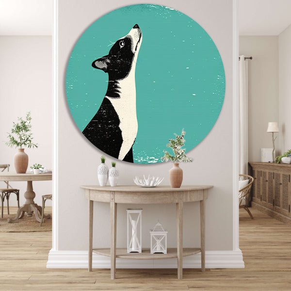 Minimalistische illustratie van een hond in kleur aluminium muurcirkel