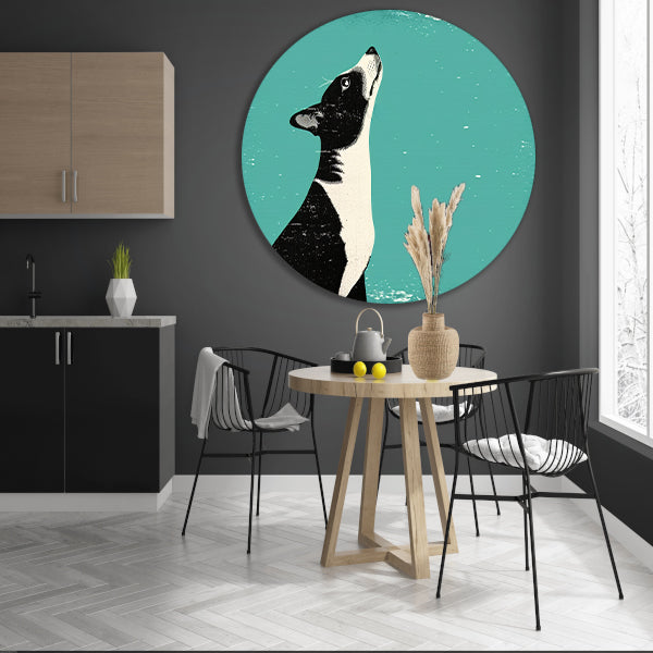 Minimalistische illustratie van een hond in kleur aluminium muurcirkel