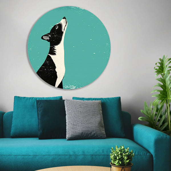 Minimalistische illustratie van een hond in kleur aluminium muurcirkel