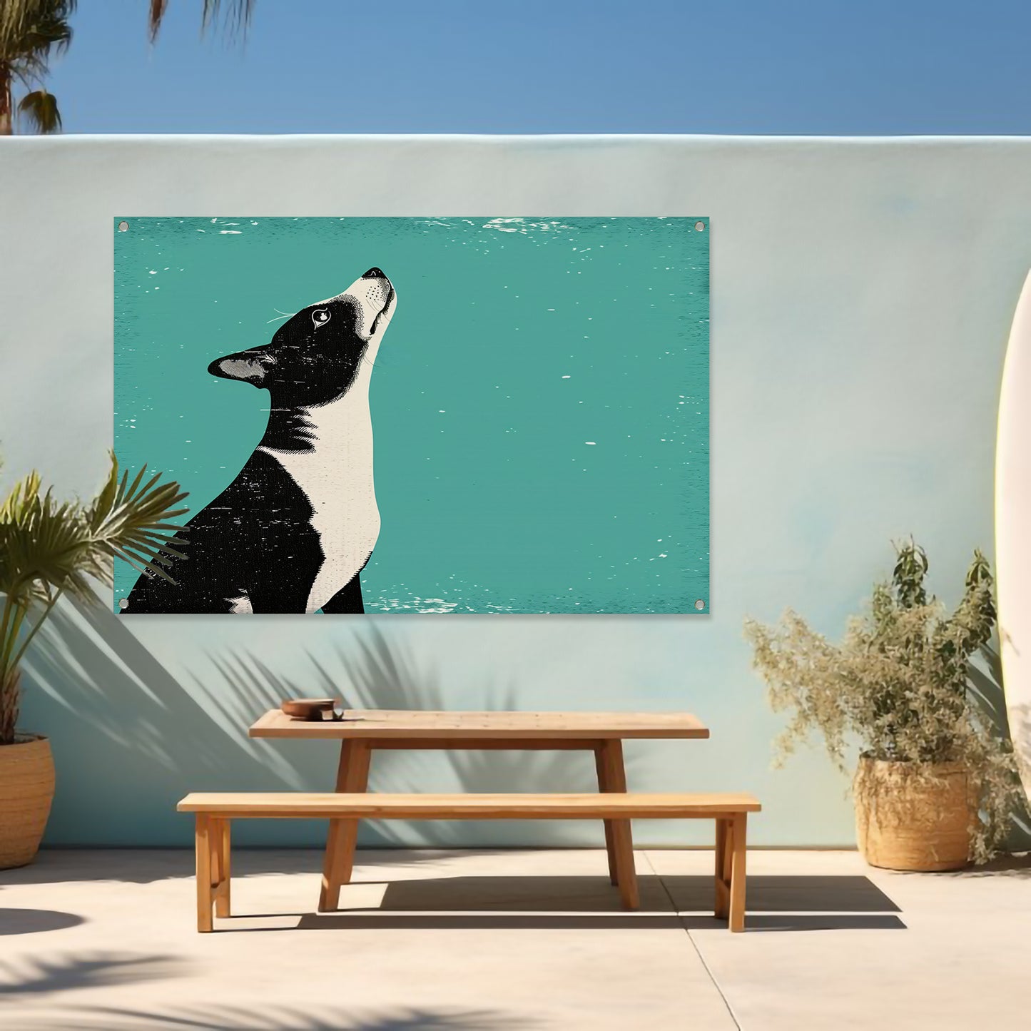 Minimalistische illustratie van een hond in kleur tuinposter