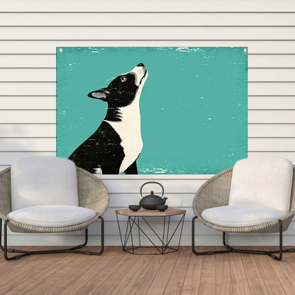 Minimalistische illustratie van een hond in kleur tuinposter