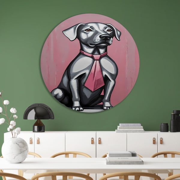 Elegante Hond met Roze Stropdas Kunst aluminium muurcirkel