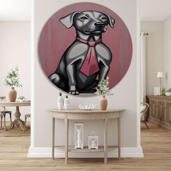 Elegante Hond met Roze Stropdas Kunst aluminium muurcirkel