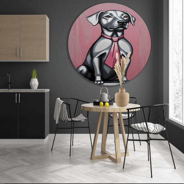 Elegante Hond met Roze Stropdas Kunst aluminium muurcirkel