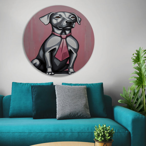 Elegante Hond met Roze Stropdas Kunst aluminium muurcirkel