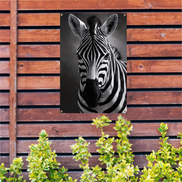 Zebra in Zwart-Wit Monochroom Portret tuinposter