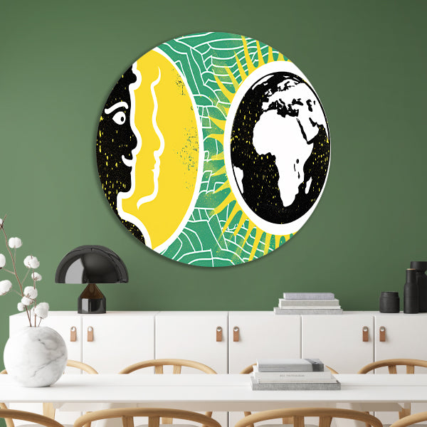 Geel portret naast aarde illustratie   aluminium muurcirkel
