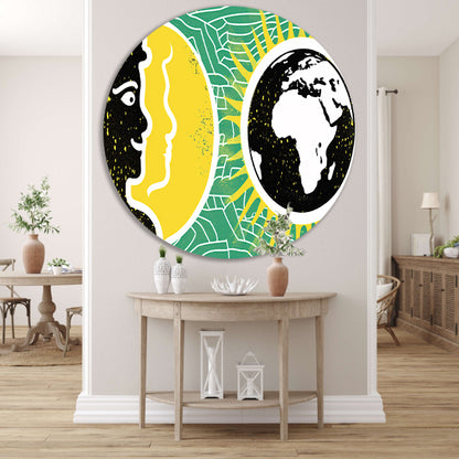 Geel portret naast aarde illustratie   aluminium muurcirkel