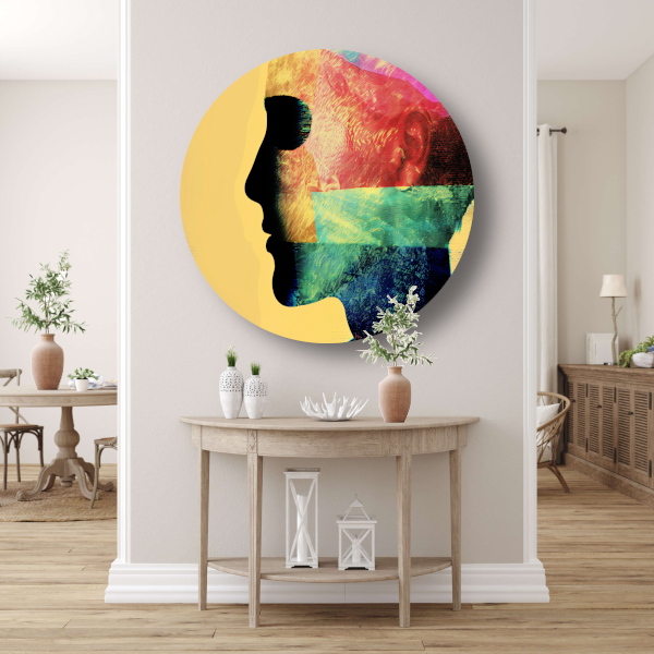 Complexiteit van menselijke emoties gevangen in kleur aluminium muurcirkel