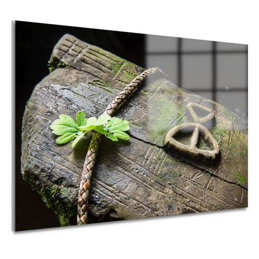 Plant groeit uit holle boomstam acrylglas